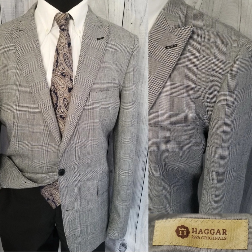 Haggar 1926 Originals Men’s Unstructured Blazer 42R Gray BlueGlenPlaid Topstitch